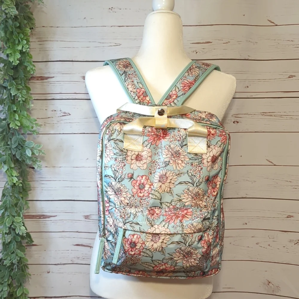 Chrysanthemum Floral Teal and Pink‎ Women's Backpack Purse Satin Feminine Girly
